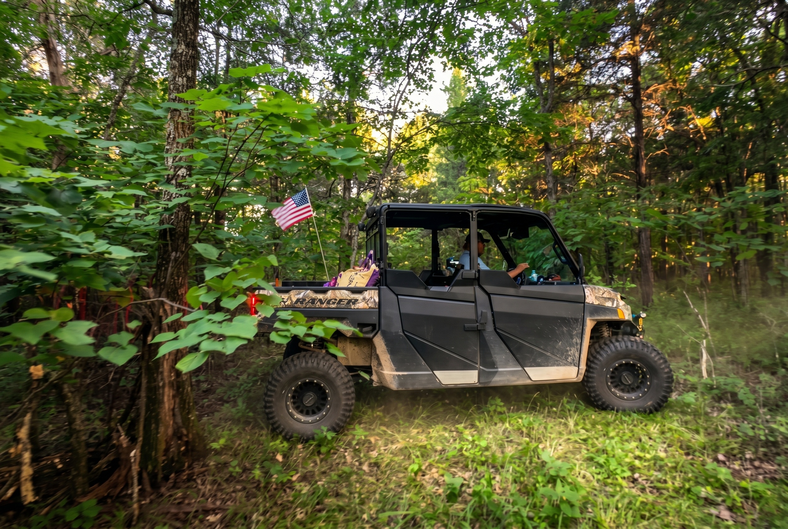 Prompt: Sharpen and color correct these action cam images with dappled realistic sunlight and intentional motion blur depending on speed - dynamic recreational land marketing