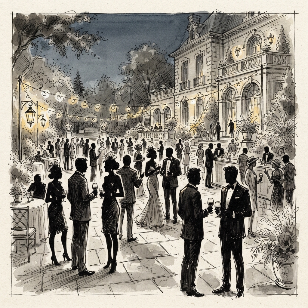 Architectural sketch of an upscale evening event at a luxury estate