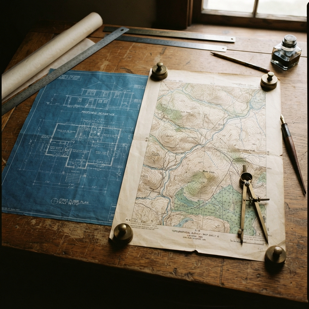 Topographical survey maps, blueprints, and drafting tools for land due diligence