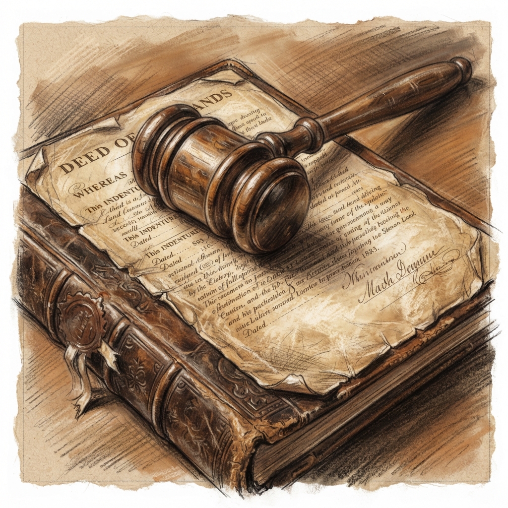Vintage wooden gavel sitting atop historical land deed document